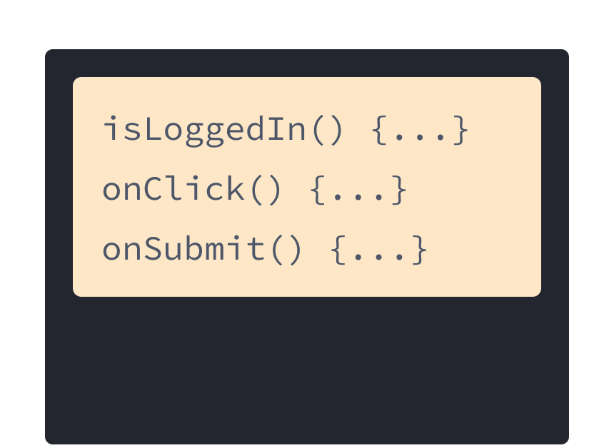 Tiga fungsi JavaScript dengan latar belakang kuning: onSubmit, onLogin, and onClick.